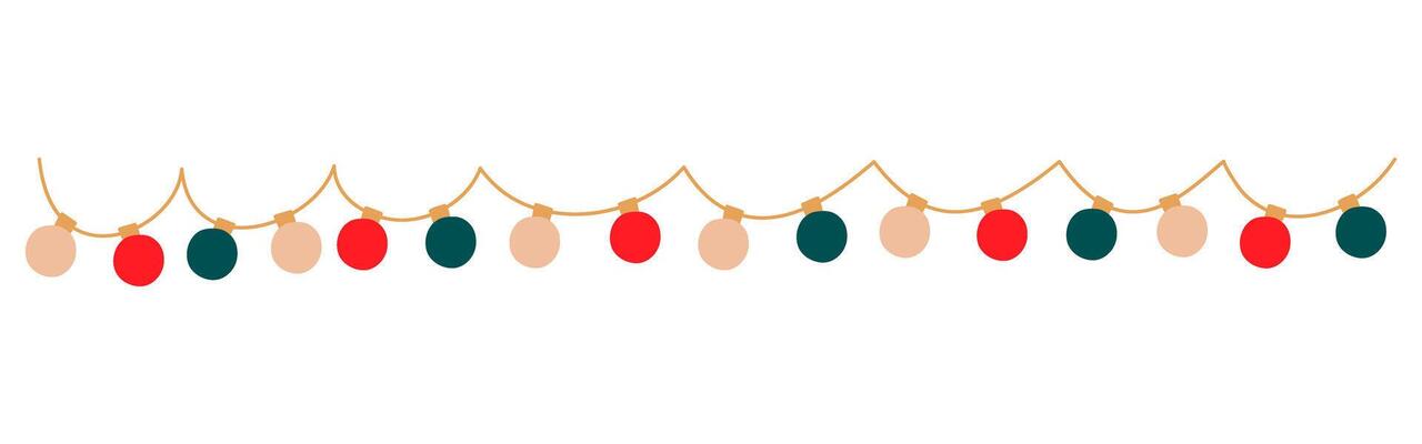 Christmas lights long looped garland with colored circle bulbs. Xmas festive string decoration with hanging retro lightbulb. Glowing lamps for holiday cards, banners, posters. illustration.