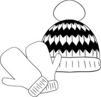 Graphic line composition with winter hat and mittens. hand drawn illustration. vector