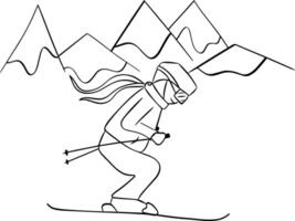 Sketch of mountains and skier, graphic line composition. Hand drawn illustration converted to vector