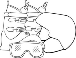 Winter sports ski composition in graphic line art. Snow activities equipment ski, snowboard, helmet and snowmobile. ski boots, sunglasses and helmet illustration for web and applications. vector