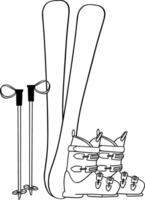 graphic line equipment for skiing ski boots, skis and ski poles, illustration isolated on white background. Snowboard, skates and skis, leisure, activities vector