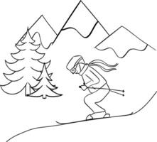 Skiing downhill graphic line sport illustration. Freeskier holding ski sticks character on white design. Skiing resort editable isolated colorful hero image vector