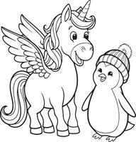 Unicorn and Penguin Friendship in Snow Whimsical Coloring Page for Kids vector