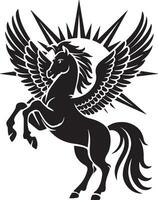 Rearing Pegasus with Wings Elegant Silhouette and Sunburst Design vector