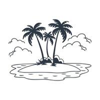 Island with palm trees in the ocean. Summer landscape. Monochrome illustration. Sketch vector