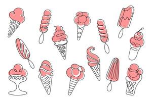 Hand drawn line art set with different types of ice cream, waffle cone, ice cream cup, popsicle, sundae. Sketch style illustration vector