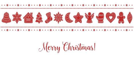 Christmas card with gingerbread cookies in the shape of different characters and holiday items. Red and white illustration. vector