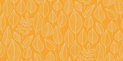 Seamless pattern of stylized leaves outlined in light yellow on vibrant orange background. Various leaf shapes with intricate veins in modern, minimalist design for wallpapers, textiles, packaging. vector