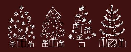 Festive Christmas Tree Line Art with Gifts, Ornaments, and Holiday Icons Perfect for Seasonal Decorations and Winter Celebrations vector