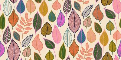 Vibrant stylized leaf pattern on soft beige background. Diverse shapes and sizes in pink, orange, green, and blue with fine outlines. Ideal for textiles, wallpapers, and packaging design. vector