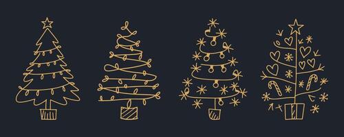 a set of four hand-drawn Christmas trees, each with its unique style and decorations. The trees feature simple line art and are decorated with lights, stars, hearts, and candy canes vector