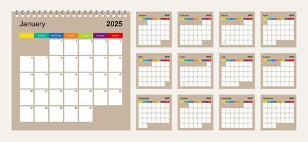 Calendar 2025 colorful design, set of 12 wall planner calendar pages on beige background. Week starts on Monday. vector