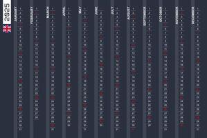 One-row vertical calendar for the year 2025 in English. English calendar for 2025 with highlighted Sundays. vector
