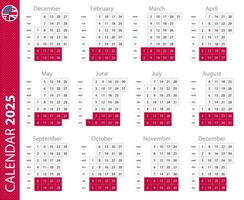 2025 calendar with vertical grid. vector