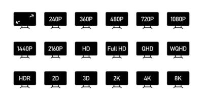 Screen resolution icon set. Screen size symbol collection. Display resolution illustration. quality sign. Full HD monitor pictogram. 2k, 4k, 2d, 3d lcd digital display definition icon set vector