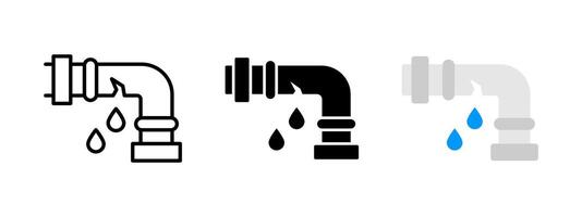 Broken pipe icon. Tube leak symbol. Plumbing maintenance service illustration. Water leaking sign. Pipeline burst pictogram. Fractured pipe with water drops. Canalization damage fixing concept. vector