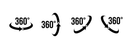 360 rotation icon set. 360 degree rotate illustration. 360 angle arrow pictogram. Panorama view symbol. Full turn sign. Full cycle 3D arrow rotation. Circle spin concept. vector