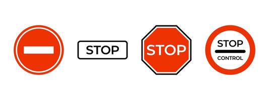 Stop sign icon set. Stop roadsign illustration. Traffic control symbol. Red block travel prohibited octagon. Warning, caution, attention or danger information emblem. No way access pictogram. vector