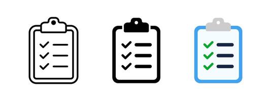 Checklist icon. Clipboard illustration. Checkup plan on the board symbol. Paper document with check marks and fields sign. Schedule note. Report pictogram. Test and exam workbook glyph vector