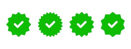 Green checkmark starburst icon set. Verification label illustration. Approved quality mark symbol. Correct badge, stamp and sticker. Guarantee certificate emblem. Certified checkmark sign. vector