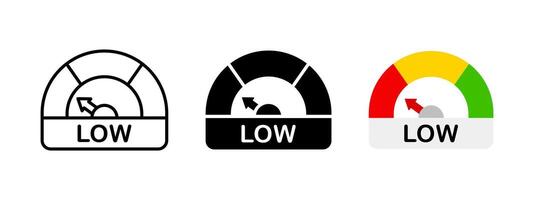 Low power level indicator icon set. Low performance diagram. Low speed infographic illustration. Measuring gauge chart symbol. Risk dial dashboard sign. Progress bar meter. Rating score icon. vector