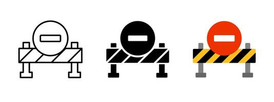 Barrier stop sign icon set. Block obstacle stripped fence with red roadsign illustration. Under construction highway restricted symbol. Travel prohibited pictogram. Forbidden way isolated glyph vector