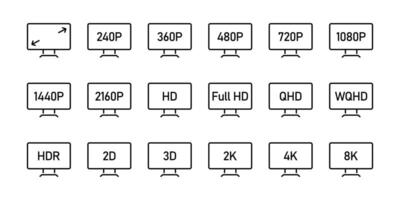 Screen resolution icon set. Screen size symbol collection. Display resolution illustration. quality sign. Full HD monitor pictogram. 240, 360, 480, 720, 1080 and 2160 p digital display. vector