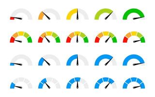 Speedometer icon set. Performance level dial bar illustration. Power level measure symbol. Infographic dashboard chart with arrow sign. High, medium and low risk control panel. Progress scale. vector