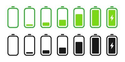 Battery charging progress icon set in two different styles. Battery charging indicator illustration. 100 full battery charge interface button. Accumulator capacity pictogram collection vector