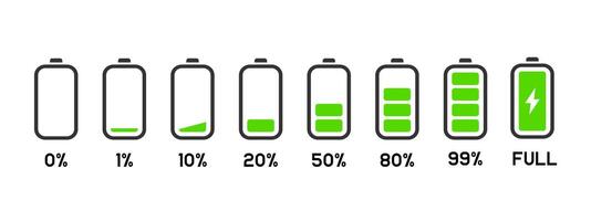 100 battery charging indicator with percentage icon set. Simple battery charging progress bar illustration. Battery power level symbol. Accumulator capacity sign. Mobile phone interface element vector