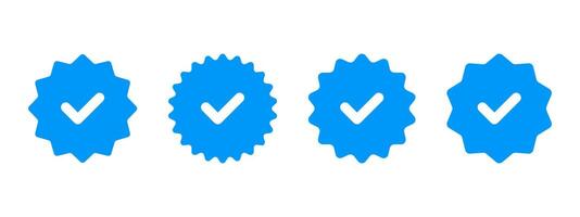 Blue checkmark starburst icon set. Verification label illustration. Approved quality mark symbol. Correct badge, stamp and sticker. Guarantee certificate emblem. Certified checkmark sign. vector