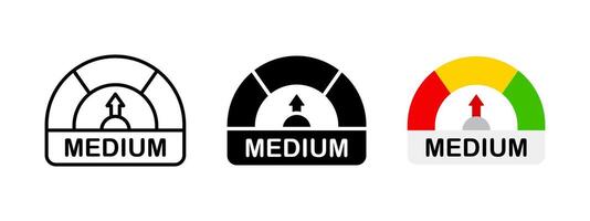 Medium power level indicator icon set. Mid performance diagram. Medium speed infographic illustration. Measuring gauge chart symbol. Mid risk dial dashboard sign. Progress bar arrow icon. vector