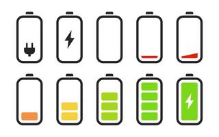Battery charging status icon set. Mobile phone power level indicator illustration collection. Accumulator capacity symbol. Battery charging progress interface element pictogram collection. vector