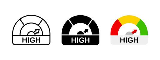 High power level indicator icon set. High performance diagram. Highest speed infographic illustration. Measuring gauge chart symbol. High risk dial dashboard sign. Progress bar arrow icon. vector