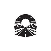 A black and white logo for a road with mountains in the background vector