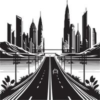 A black and white illustration of a highway with city buildings vector