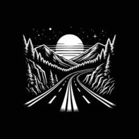 A black and white illustration of a road and trees vector