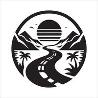 A logo for a road with mountains and palm trees vector