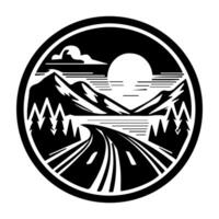 A black and white image of a road and mountains vector