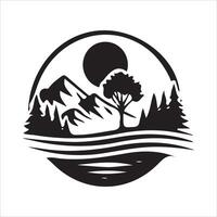A black and white logo for a lake and mountains vector