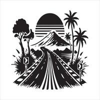 A black and white image of a road with palm trees and mountains vector