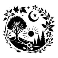 A black and white silhouette of a tree and a moon vector
