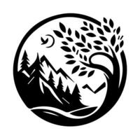A black and white logo of a tree and mountains vector