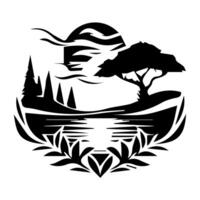 A black and white logo with a tree and a lake vector