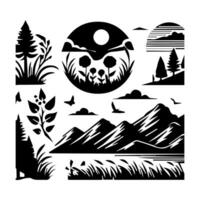 A set of black and white silhouettes of trees, mountains, and other objects vector