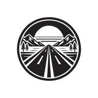 A black and white image of a road with mountains in the background vector