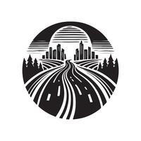 A black and white image of a road with trees and buildings vector