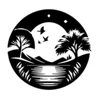 A black and white logo of a lake and trees vector