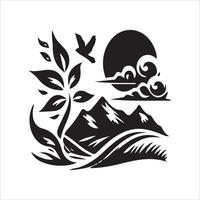 A black and white illustration of a mountain and a bird vector