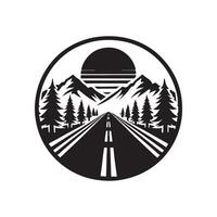 A black and white logo for a road with trees and mountains vector